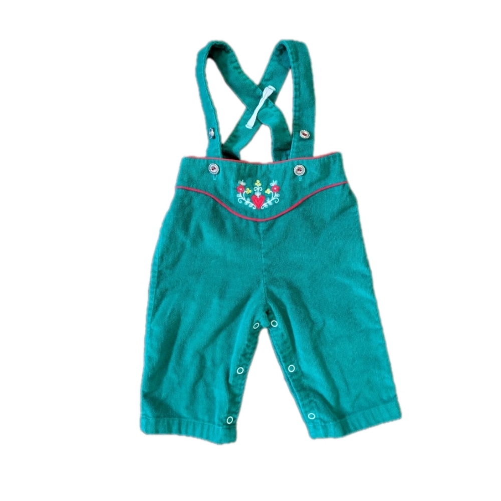 Vintage By Thomas Corduroy Embroidered Overalls Kelly Green Snap Baby 9-12 Month